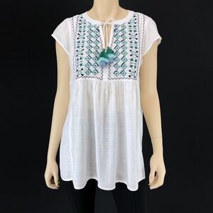 J Jill Top Women XS White Short Sleeve Boho Embroidered Tassels Flowy NWT
